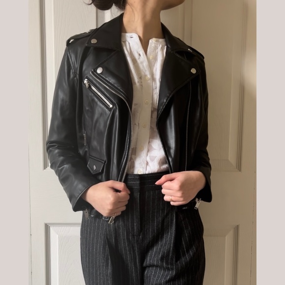 Black Motorcycle Leather Jacket by Nine West, Women’s size S | Sleek Jacket - Picture 1 of 6
